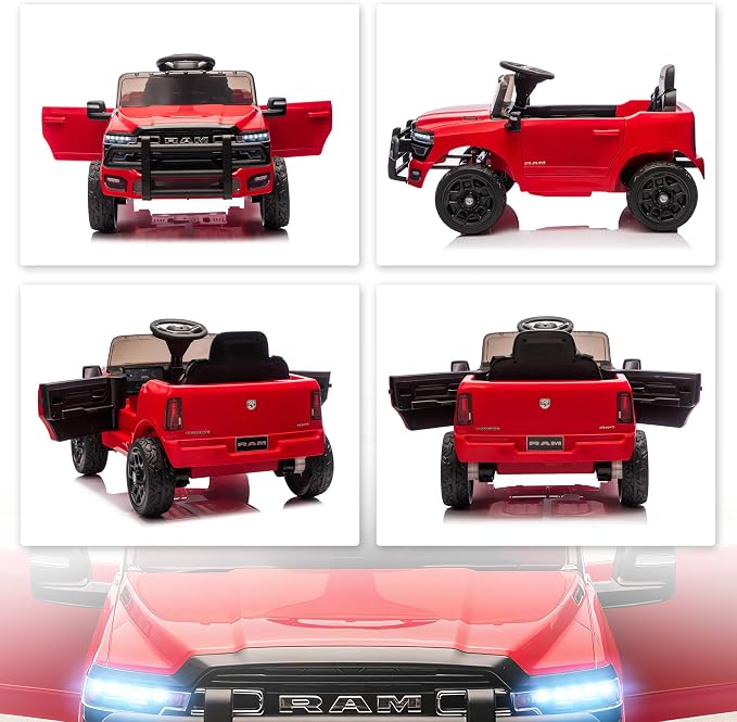 Qaba 12V Kids Ride on Car, Licensed Dodge RAM 3500 Electric Car for Kids with Dual Motors, Parent Remote Control, Rear Suspension, Power Display, Bluetooth Music and LED Lights, Red