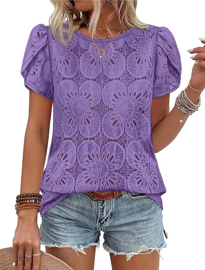 OFEEFAN Blouses for Women Dressy Casual Petal Short Sleeve Shirts Crochet Lace Boho Tops Spring Fashion Summer Outfits