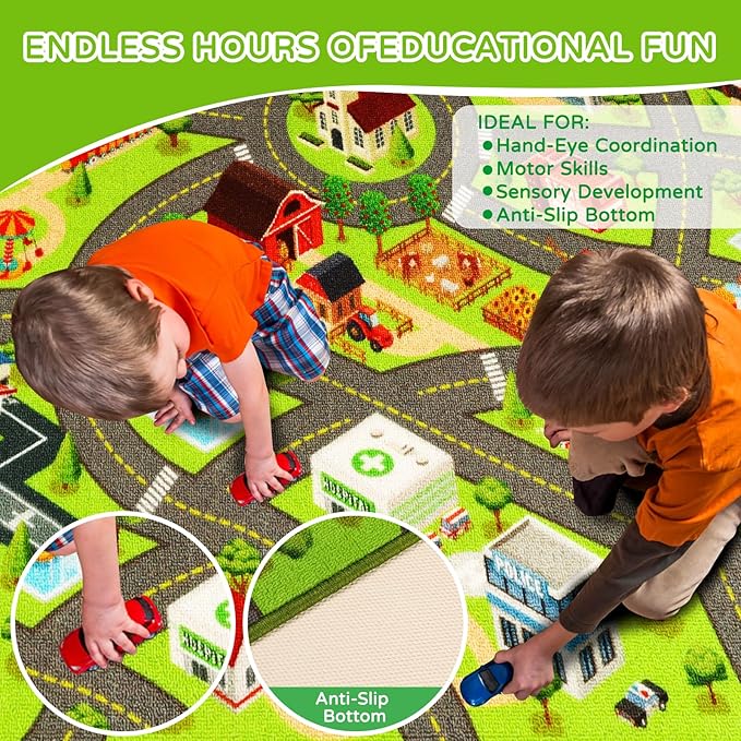 Kids Rugs Traffic Road Carpet for Car City Map Play Rug 3.3'×5' for Playroom Educational Mat Area Rug, Kid Playtime Collection Toddler Car Track Rug Cute Cartoon (City Road A, 39.4×59 in)