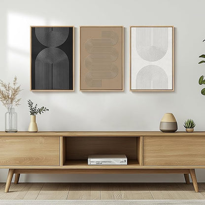 Framed Black and White Brown Abstract Wall Art, 3 Piece Boho Geometric Canvas Prints Paintings Artwork for Walls, Modern Minimalist Neutral Pictures for Living Room Dining Room Bedroom Wall Decor 16x24 In