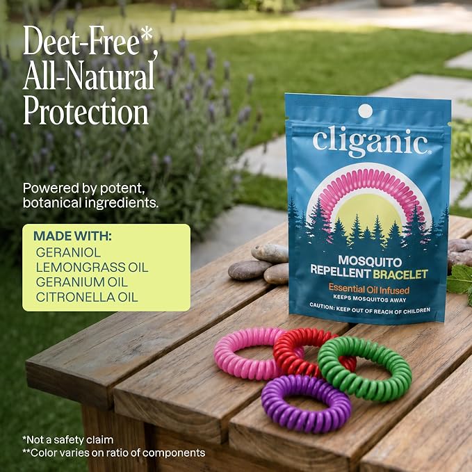 Cliganic 10 Pack Mosquito Repellent Bracelets for Adults & Kids (Rainbow Colors) - Natural DEET-Free Bands, Individually Wrapped