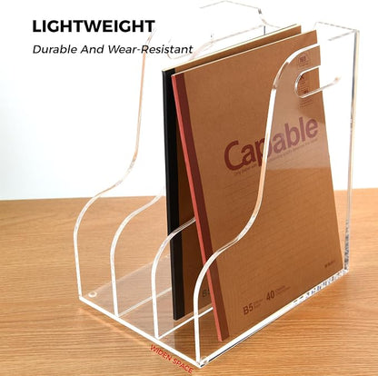3 Vertical Compartments File Holder, Clear Acrylic Desk Organizer and Storage Bins Holding for Magazines, Binders, Notebooks, Envelopes, Multi-purpose Document Organizer for Home Office