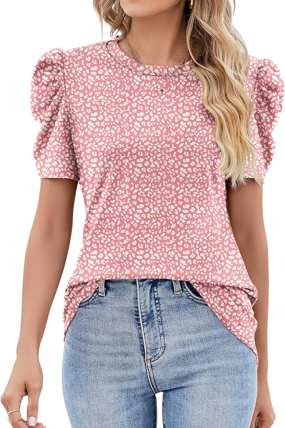 Ivicoer Puff Short Sleeve Shirt for Women Eyelet Tops Summer Crewneck Blouse Loose Fit S-XXL