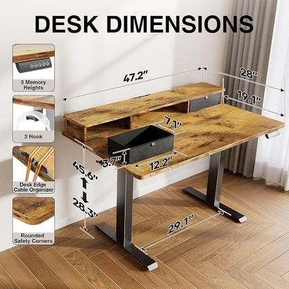 Veken 47x28 in Electric Standing Desk with Drawers, Adjustable Table, Brown | Stand up Computer Desk for Home Office, Work & Study, with Storage, 3 Memory Presets, Cable Organizer, Hook, and Quiet Lift.