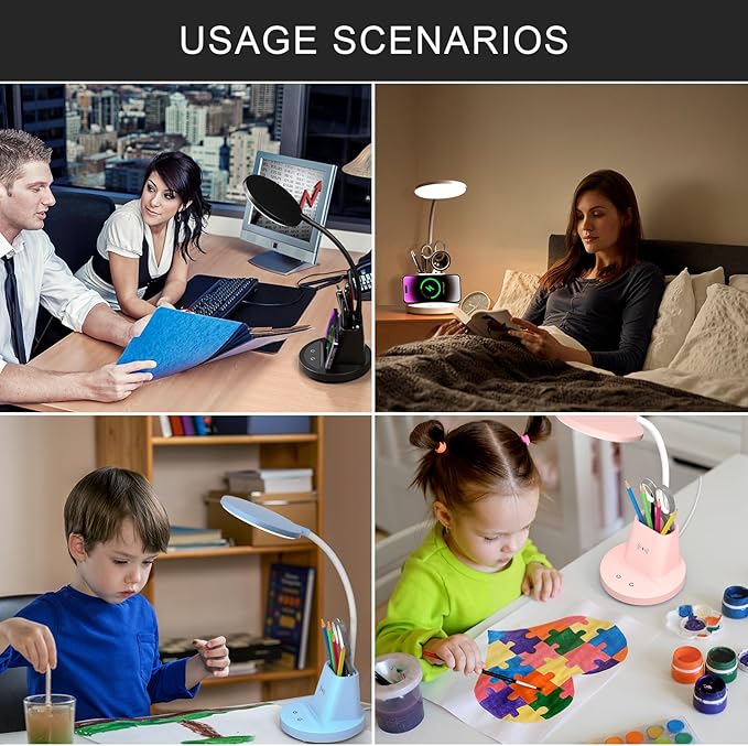 LED Desk Lamp with Wireless Charger for Home Office, Small with Pen Holder, 800LM,3 Color Modes,Gooseneck, Eye-Caring White Desk Lamps for Home College Dorm Room,Blue
