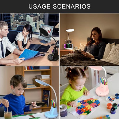 LED Desk Lamp with Wireless Charger for Home Office, Small with Pen Holder, 800LM,3 Color Modes,Gooseneck, Eye-Caring White Desk Lamps for Home College Dorm Room,Blue