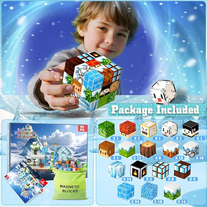 150PCS Magnetic Blocks, Magnetic Building Blocks, Magnet Blocks Cubes, STEM Educational Stacking Magnet Toy for Kids Ages 3 4 5 6 7 8 9 10 11 12, Birthday Gifts for Boys and Girls - Snow World