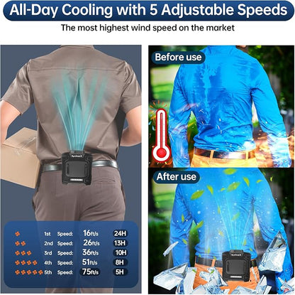 Waist Fan, Dual Motor Belt Fan, 12000mAh Rechargeable Cooler, 75ft/s Turbo Airflow, 17000RPM 5-Speed, Up to 24H Runtime, LED SOS & Red-Blue Warning Light for Jobsite, Farm, Delivery