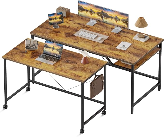 Mericonia 48 Inch Computer Desk & 32 Inch Small Rolling Desk, 2pcs | Simple Writing Table for Home Office Bedroom Work Study, Brown