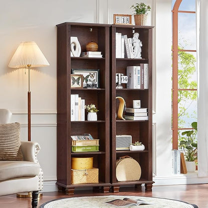 SAVOR LIFE Narrow Walnut Book Shelf, 70" Tall Skinny Bookshelf with Adjustable Shelves & Wooden Legs, Farmhouse Wood Bookcase w/5-Tier Open Storage, Free Standing Book Case for Office,Living Room,3PCS