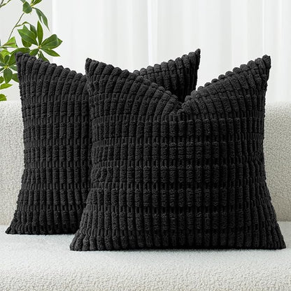 MIULEE Pack of 2 Corduroy Decorative Throw Pillow Covers 18x18 Inch Soft Boho Striped Pillow Covers Modern Farmhouse Home Decor for Sofa Living Room Couch Bed Black