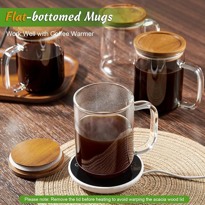 DRASTAR Glass Coffee Mugs, 20 oz Clear Coffee Cups, Coffee Mug with Acacia Wood Lid, Tea Glass Cups with Handles, Large Coffee Mug Set of 4, Glass Coffee Cups for Latte, Espresso, Tea