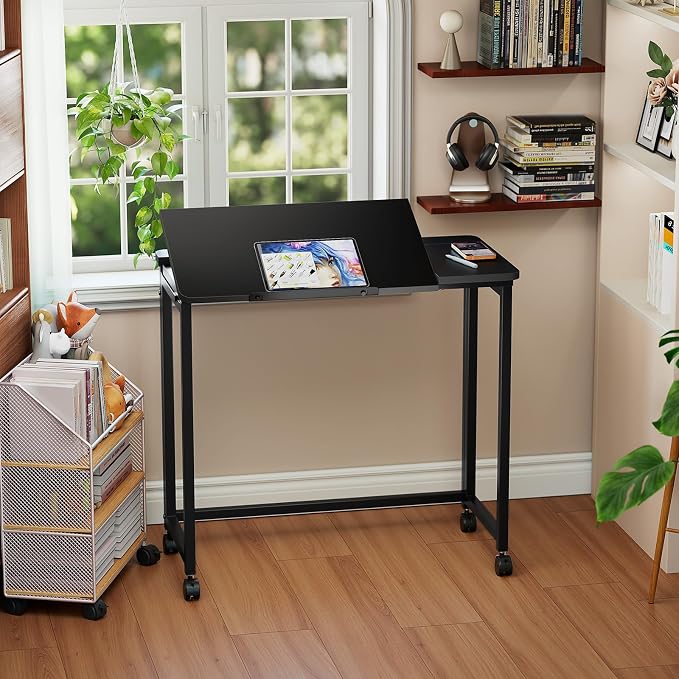 GreenForest Portable Folding Desk with Wheels, 31.5 inch Adjustable Tilt | Drafting Table Workstation for Small Spaces, Home Office, Drawing & Craft Projects，Black
