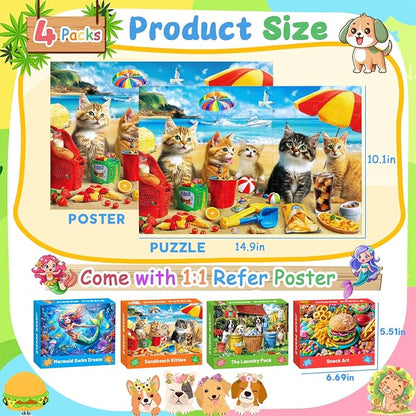 4 Packs 100 Piece Puzzles for Kids Ages 4-6 6-8 8-10, Mermaid Dogs Cats Hamburger Educational Jigsaw Puzzles, Birthday Kids Gifts for Boys Girls Teens Adults Kids Puzzles 4-6 5-8