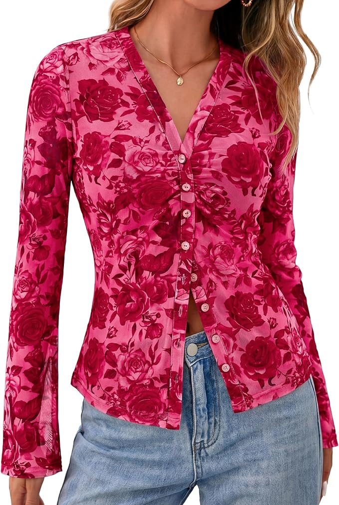 BTFBM Button Down Shirts for Women 2026 Fall Boho Tops V Neck Long Sleeve Blouses Ruched Mesh Fitted Fashion Clothing