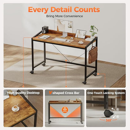 Mericonia 47x20 Inch Small Computer Desk with Wheels & Rear Lip | Simple Rolling Desk, Writing Table for Home Office Bedroom Work Study, Brown