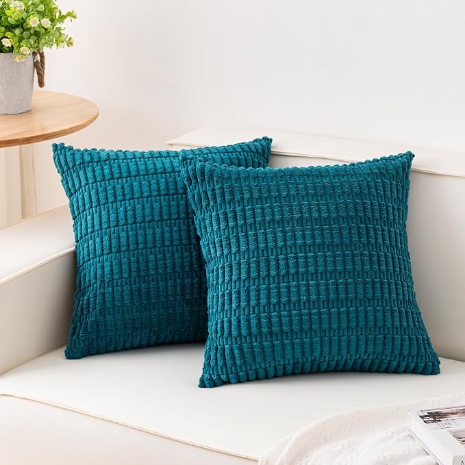 Aegero Pack of 2 Corduroy Decorative Throw Pillow Covers 18x18 Inch Soft Striped Pillow Covers Modern Farmhouse Home Decor for Sofa Living Room Couch Bed（Turquoise）