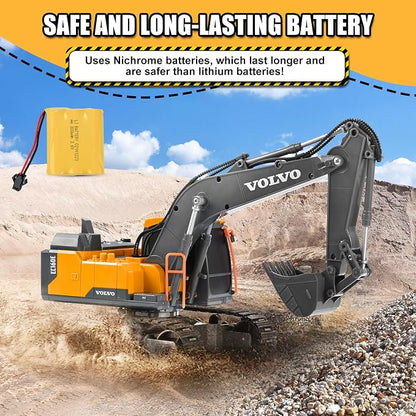 Double E Volvo Licensed Remote Control Excavator Toy, 2.4GHz All‑Terrain Sand-Ready Construction Vehicle with 360° Spin & 330° Cab Rotation, Rechargeable, Dig & Unload, STEM Birthday Gift for Kids 3+