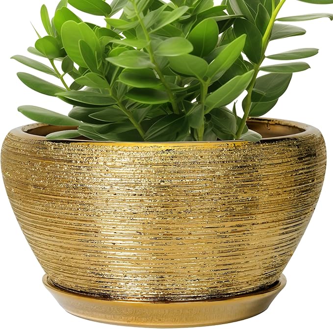 Ceramic Planter 11 Inch - Indoor Plant Pot with Drainage Hole and Saucer Large Planter for Outdoor Plants Mid-Century Decorative Flower Pot for Home Decor Gold