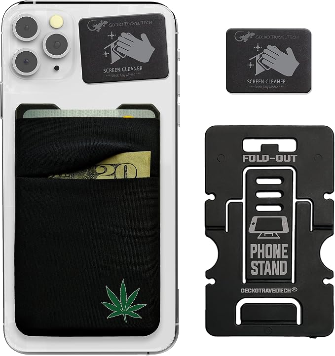 Gecko Travel Tech Double Pocket - Adhesive Card Holder - Cell Phone Pouch - Stick on Spandex Pocket - Carry Credit Cards and Cash (Weed)