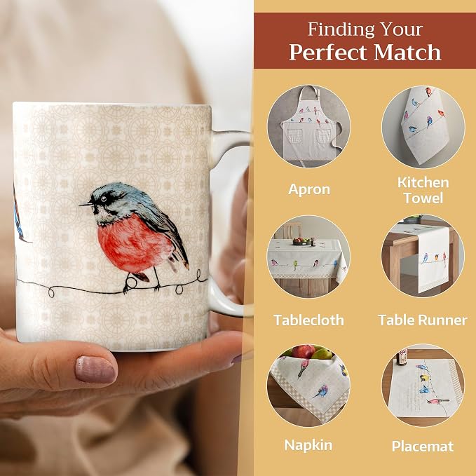 Maison d' Hermine Coffee Mug with Handles Tea Cups (12 Ounce, Pack of 1) | Fine Bone China Coffee Mugs for Hot Beverages Cappuccino Latte Home Restaurant Hotel Spring Summer -Birdies on Wire - Robin