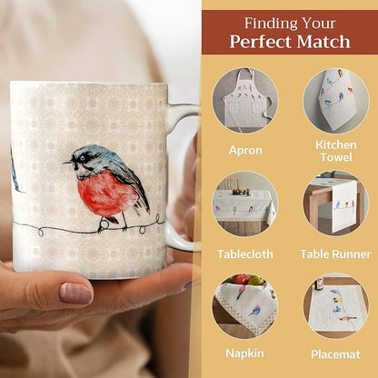 Maison d' Hermine Coffee Mug with Handles Tea Cups (12 Ounce, Pack of 1) | Fine Bone China Coffee Mugs for Hot Beverages Cappuccino Latte Home Restaurant Hotel Spring Summer -Birdies on Wire - Robin
