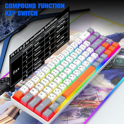 Snpurdiri 60% Percent Gaming Keyboard (68 Keys, White-Grey-Orange) | Ergonomic Compact RGB Backlit Small Gaming Keyboard for Windows, PC, Laptop