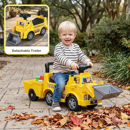 Costzon Ride on Excavator, Kids Tractor Digger Bulldozer Push Car w/Shovel, Detachable Trailer, Under-Seat Storage, DIY Stickers, Sit and Scoot Ride on Toy, Construction Car for Toddler 18+ Months