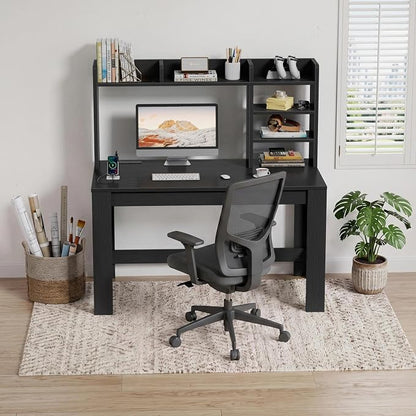 WINAZ 43" Black Gaming Desk with Hutch and Built-in Power Outlet | Modern Computer Desk with 3-Tier Storage Shelves and Hutch, Space-Saving Writing Table for Home Office