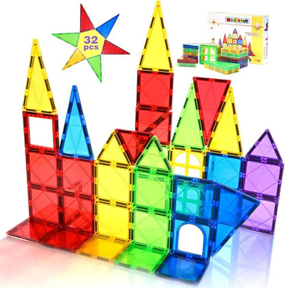 Magnetic Tiles Toys for Kids Preschool Learning, Magnetic Blocks Sensory Montessori Toys Set All Pieces with Magnets, Ideal STEM Educational Construction Gifts for 3+ Year Old Boys and Girls 32PCS