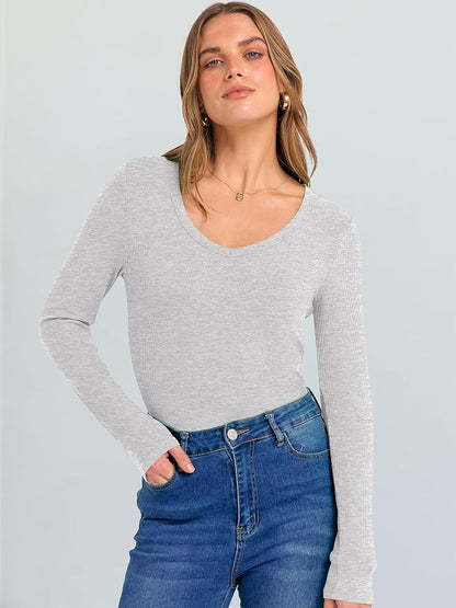 ANRABESS Long Sleeve V Neck Shirts for Women | Soft Comfy Ribbed Knit Fitted Tshirts, Casual Going Out Tops, 2026 Trendy Basic, Fall Winter Underscrub Layering Clothes