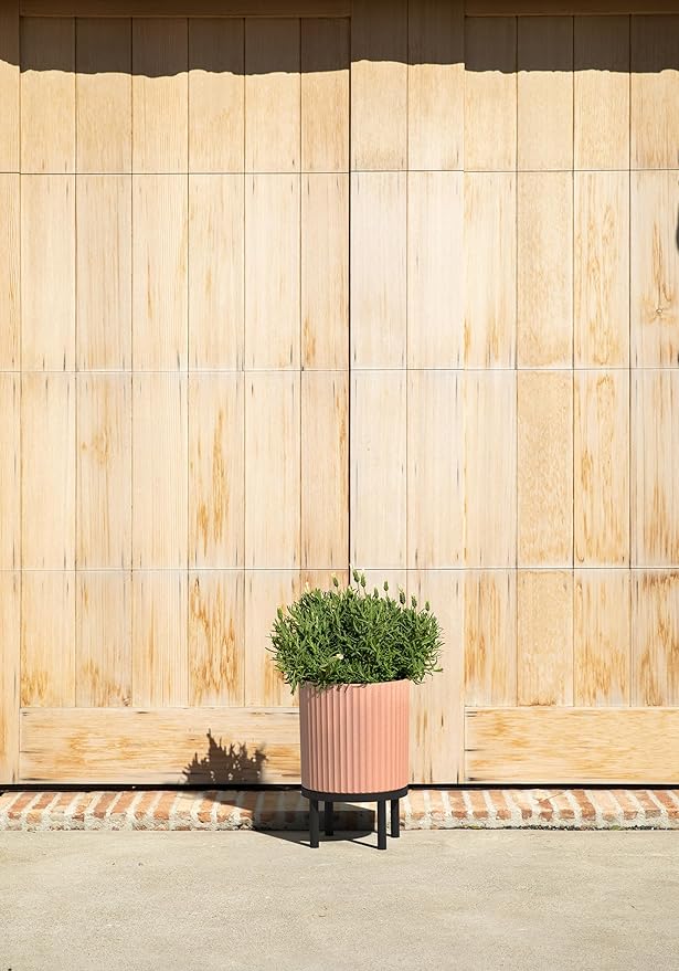 Veradek Demi Series Round Planter w/Stand for Porch/Patio | Durable Plastic-Stone Composite & Wooden Stand | Modern Décor for Tall Plants, Flowers