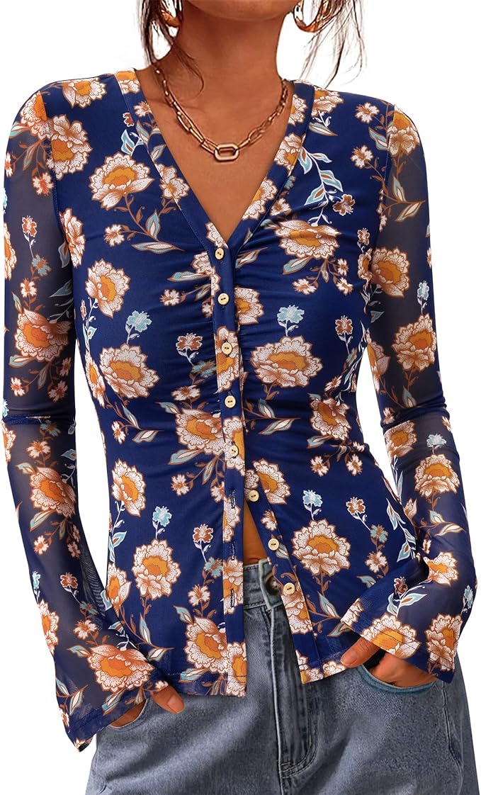 BTFBM Button Down Shirts for Women 2026 Fall Boho Tops V Neck Long Sleeve Blouses Ruched Mesh Fitted Fashion Clothing
