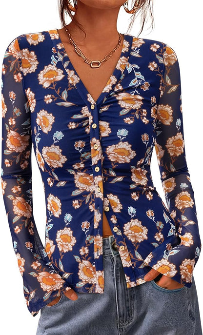 BTFBM Button Down Shirts for Women 2026 Fall Boho Tops V Neck Long Sleeve Blouses Ruched Mesh Fitted Fashion Clothing
