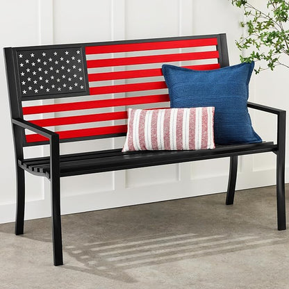 Best Choice Products Outdoor Bench 2-Person Steel Indoor/Outdoor Bench for Garden, Patio, Porch, Entryway w/American Flag, 790lb Capacity – Black/Red