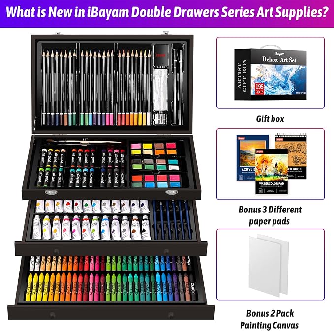 iBayam Deluxe Art Set,195-Pack Artist Gift Box, Arts and Crafts Drawing Painting Kit Art Supplies for Adults Teens Kids, Art Kits with 24 Acrylic Paint, Sketchbook, Canvases, Crayons, Pencils