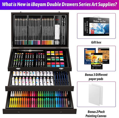 iBayam Deluxe Art Set,195-Pack Artist Gift Box, Arts and Crafts Drawing Painting Kit Art Supplies for Adults Teens Kids, Art Kits with 24 Acrylic Paint, Sketchbook, Canvases, Crayons, Pencils