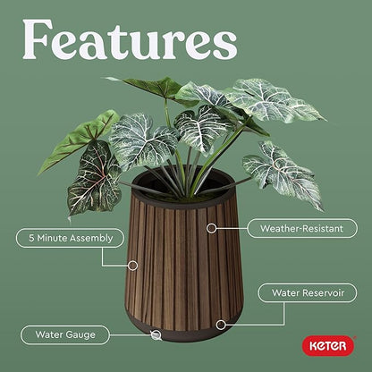 Keter Signature Conic 23.8 Inch Tall Round Large Wood Look Planter for Indoor or Outdoor Flower Pot Ideal for Patio Deck and Front Porch Decor, Rosewood