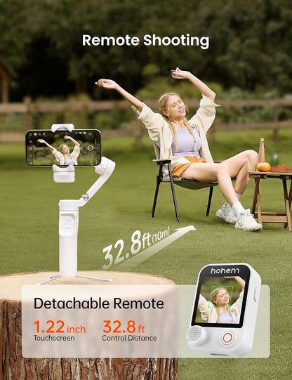 Hohem iSteady V3 Ultra Gimbal Stabilizer for Smartphone, AI Tracking Phone Gimbal, 1.22" Touchscreen Detachable Remote Control, Built-in Extension Rod & Tripod, 360° Infinite Pan, Vlog Filming, White