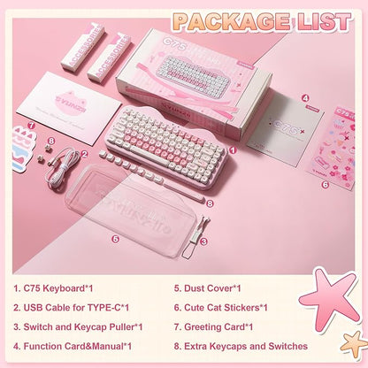 YUNZII C75 Cute 75% Wireless Mechanical Keyboard (Pink, Candy Switch) | Creamy Cake Keyboard, BT5.0/2.4G/USB-C, Hot-Swap, NKRO, PBT MOA Keycaps,5500mAh RGB Gasket Mount for Mac/Win/Gaming/Office
