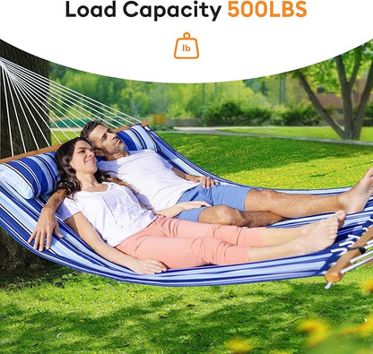 Double Hammock with Spreader Bar,Soft Pillow,Max Load 500lbs,Portable Hammock for Outdoor,Camping,and Backyard,Aqua Blue