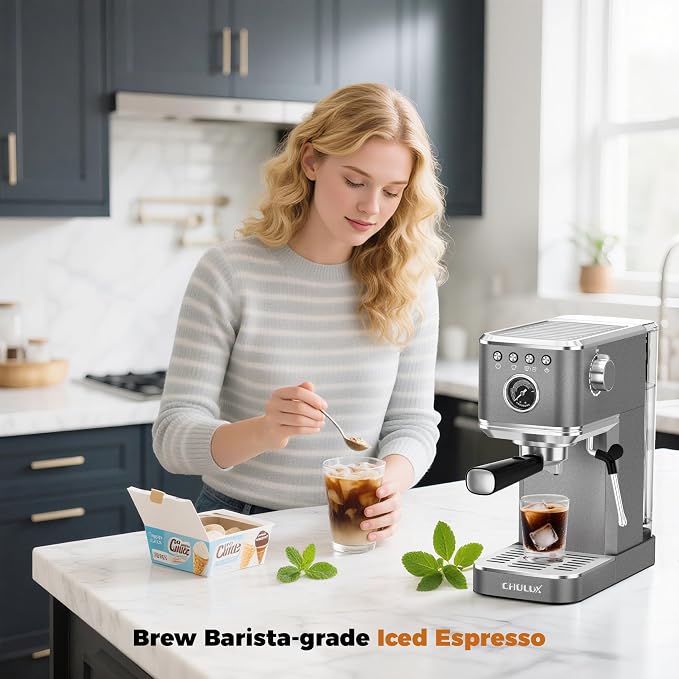 CHULUX Elite Espresso Coffee Machine with Steam Wand for Cappuccino, Gray | Hot and Iced Espresso, 1350W Fast Heating System, Visible Pressure Gauge, PID Temperature Control, Pre-Infusion Technology