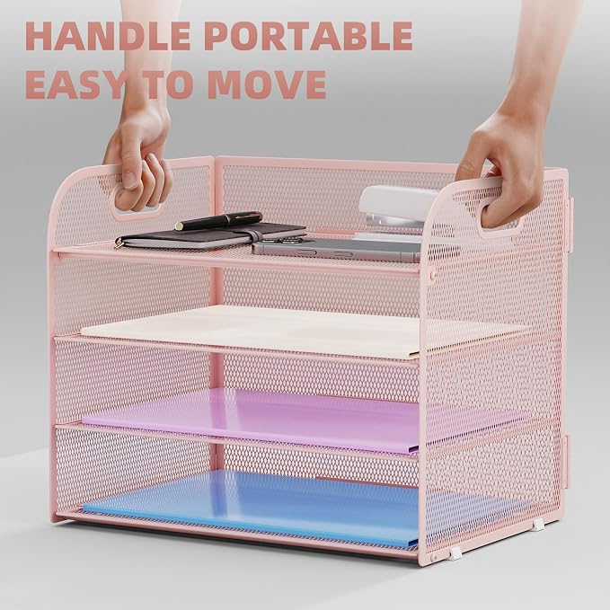 Marbrasse 4 Tier Paper Organizer Letter Tray - Mesh Desk File Organizer with Handle, Paper Sorter Organizer for Letter/A4 Office File Folder Holder (Pink, 12.6" x 9.1" x 10.7")