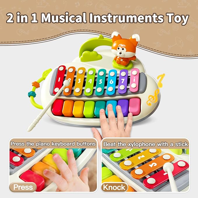 2 in 1 Baby Piano Xylophone for Toddlers， 8 Multicolored Key Keyboard Piano, Musical Table Percussion Sensory Toys ，Educational Musical Learning Instruments Toy for Kids Girls Boys