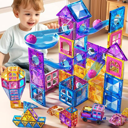 Magnetic Tiles Educational Toys, 50PCS Magnetic Blocks Building Set with Marbles Run for Kids Ages 4-8, Magnet Tiles STEM Learning & Sensory Toys for Girls Boys Perfect Preschool Toy for Toddlers 3-5