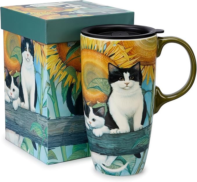 Topadorn 17oz Ceramic Travel Mug with Lid, Sunflower & Cat Coffee Mug | Coffee Mug with Handle, Cat & Sunflower Design, Spill-Resistant Lid, Microwave & Dishwasher Safe, Gift Box Included