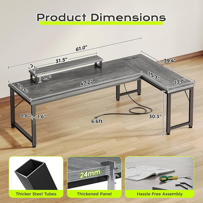 PRAISUN 61" L Shaped Computer Desk, Power Outlets, Monitor Stand, Grey | USB-C Ports, Reversible Charging Station, Spacious Desktop & Legroom, 0.94 Inch Thick Desktop, for Gaming, Study & Work