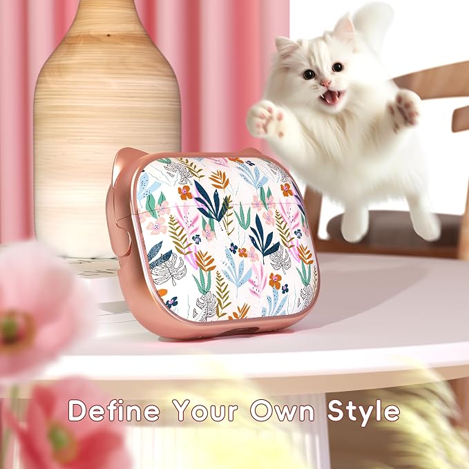 for AirPods Pro 2 Case with Cleaning Kit, Cute Cat Ear Print Design & Cute Buckle for Girls, Phone Holder & Top Safe Lock Buckle Design for AirPods Pro 2nd/1st Gen case, Rose Gold Leaves