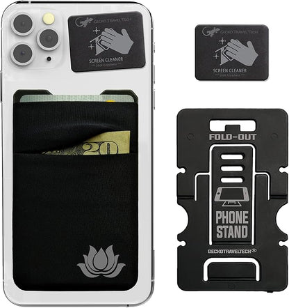 Gecko Travel Tech Double Pocket - Adhesive Card Holder - Cell Phone Pouch - Stick on Spandex Pocket - Carry Credit Cards and Cash (Lotus)