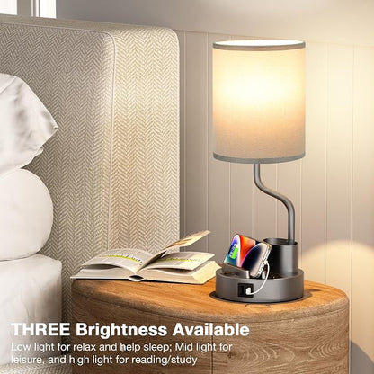 Fenmzee Bedside Lamps for Bedroom Set of 2 - Table Desk Lamp for Nightstand | 15" Table Lamp for Living Room with Pen Holder & Phone Stand, USB A+C Port, AC Outlet, 3 Color Temperature, LED Bulb Included